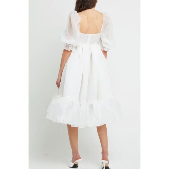 OPT White Puff Sleeve Midi‎ Dress Square Neck Romantic Summer Wedding - Picture 2 of 8